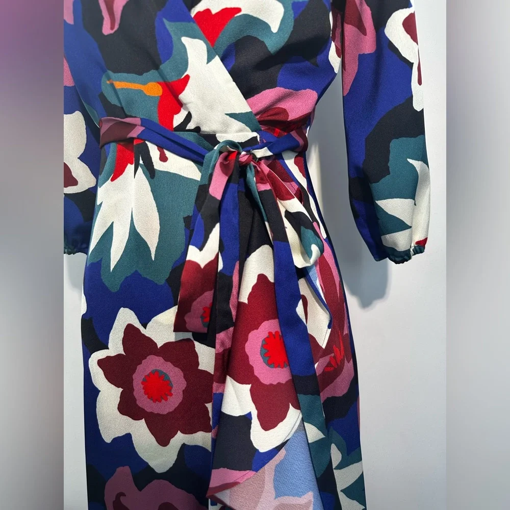 Sam Edelman Matisse Floral Faux Wrap Midi Dress Cobalt Multi 3/4 Sleeve - Picture 5 of 11